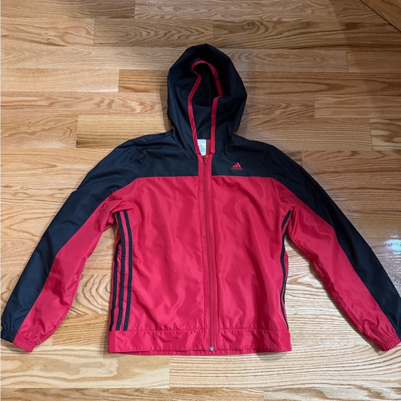 adidas Windbreaker Jacket Sport Style Hooded Track Size M Medium Red Black - Picture 1 of 5
